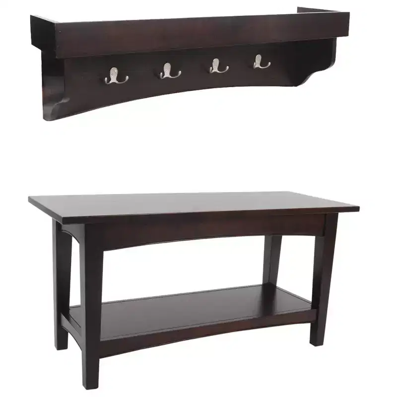Alaterre Furniture Shaker Cottage Tray Shelf Coat Hook with Bench Set Espresso: Entryway Organizer, Wood Hall Tree