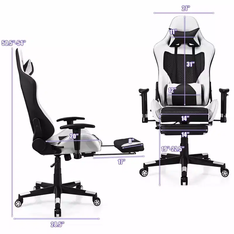 Massage Gaming Chair, Reclining Office Chair with Footrest, White