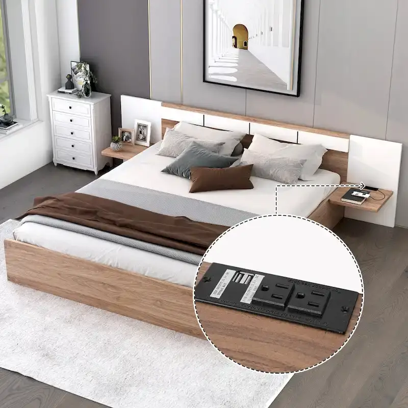 Queen Size Platform Bed with Headboard, Drawers, Shelves, USB Ports and Sockets, Natural