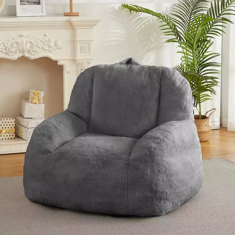 Plush Faux Fur Bean Bag Chair for Adults, Extra Large Filled Floor Sofa with Handle, Cozy Lounge Seat for Home