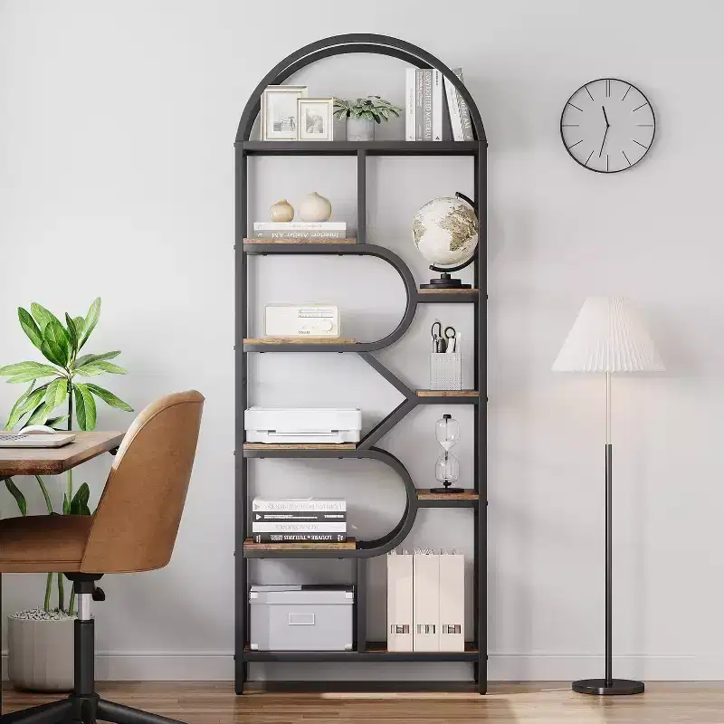 6-Tier Arched Bookcase, Brown / Gold, Industrial Style, Single-User