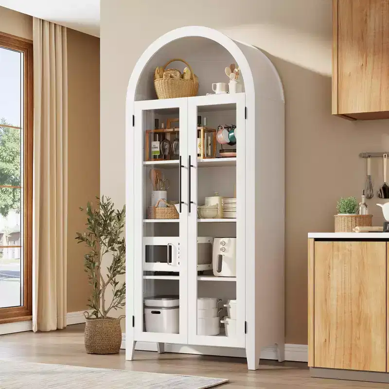 Arched Kitchen Pantry Cabinet - Farmhouse 5 Tier Display Shelf with Adjustable Shelf and 2 Large Glass Doors, Versatile Storage Cupboard for Kitchen