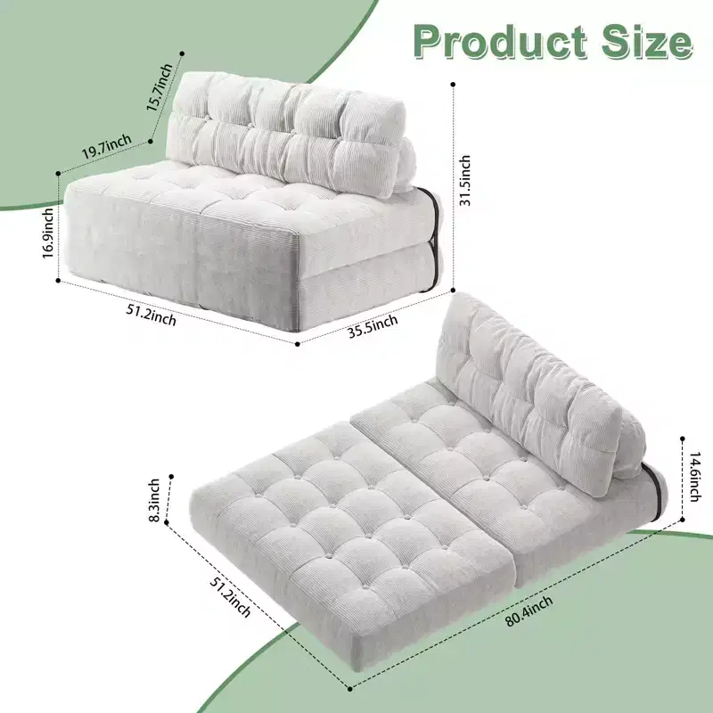 Full Corduroy Folding Sofa Bed Futon, Floor Convertible Sleeper Chair with Pillow & Back Support