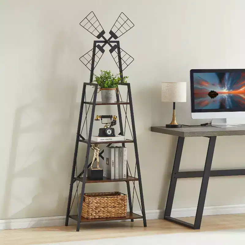 MAYEERTY 4 Tier Narrow Bookshelf with Windmills decorated Rustic Brown and Black