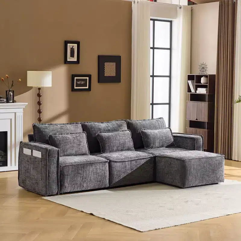 Karl Home |110 in. W Square Arm Chenille 3-Seat L-shaped Boneless Sofa in Gray with Ottoman