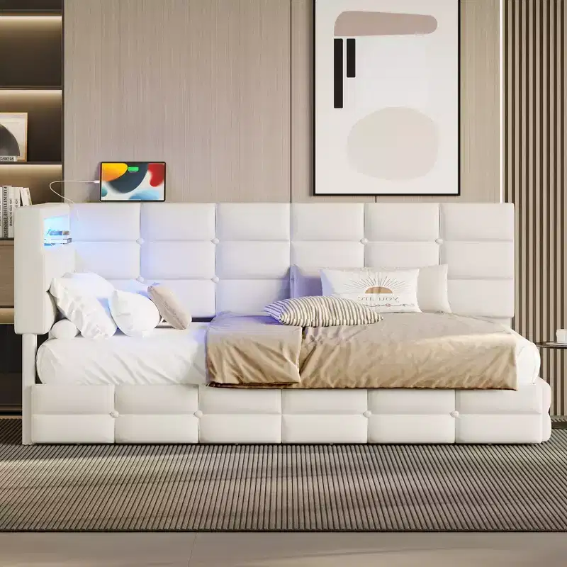 Twin Size Upholstered Daybed With 2 Drawers, Charging Station, LED Lights and Storage Headboard