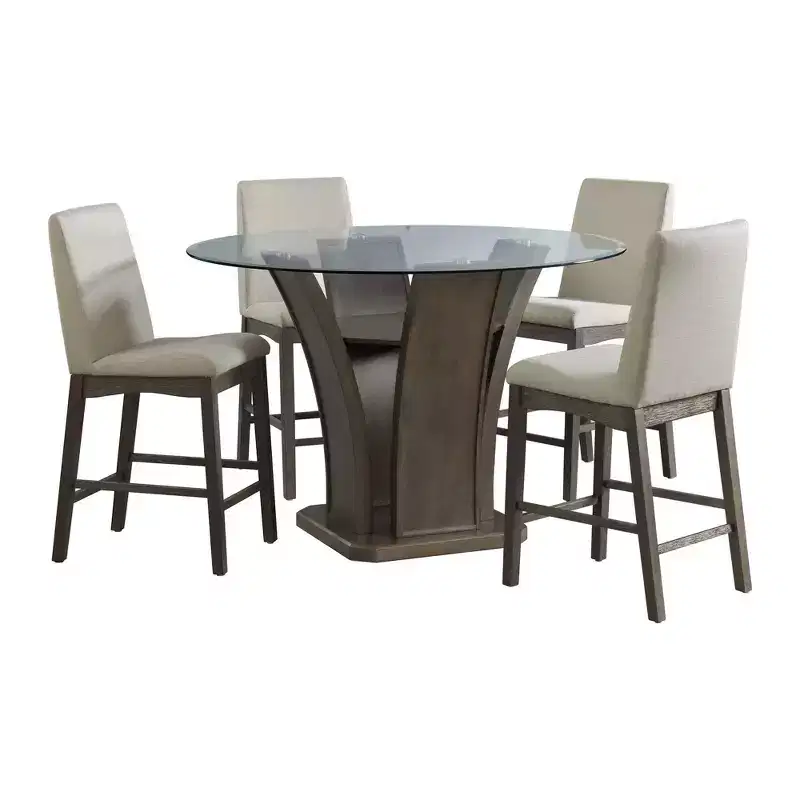 5pc Simms Round Standard Height Dining Set and 4 Chairs Walnut - Picket House Furnishings: Glass Top, Cream Upholstery
