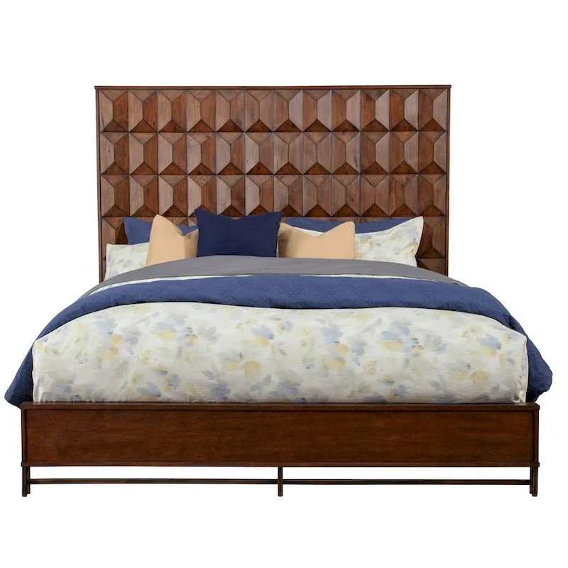 Panel Bed with Oversized Headboard – Mahogany Brown, Pine Solids & Veneer, Bronze Legs, Queen / King / Cal King