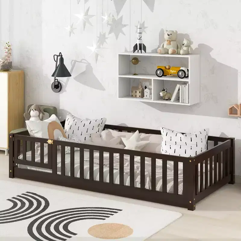 Bellemave Twin Floor Bed with Fence & Door, Low Profile Montessori Kids Bed Frame, Solid Rubber Wood, Safety Guardrails, Easy Assembly