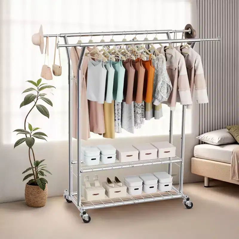 Rolling Clothing Garment Rack with 2 Hanging Rods and 2 Storage Shelves - Silver