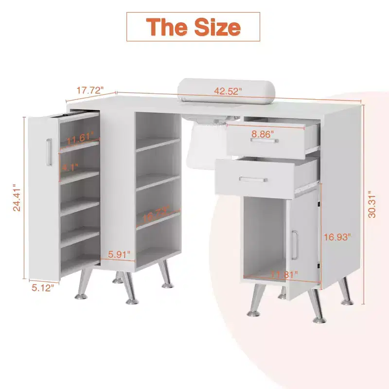 GustoWave 42.5 in Manicure Table Nail Station with Wrist Rest and Dust Collector, Nail Desk with Vertical Pull-Out Locker, White