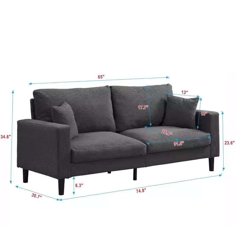 74.8 Inch Corduroy High Resilience 3-Seater Sofa with 2 Throw Pillows for Living Room,Bedroom,Apartment