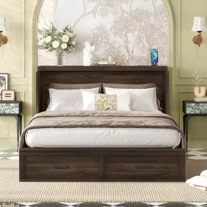 MAYEERTY Queen Size Framhouse Murphy Cabinet Bed with Charging Station Foldable Platform Storage Drawer for Bedroom Rustic Gray