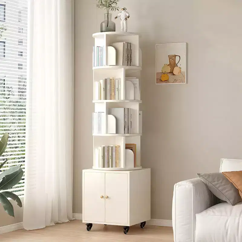 Rotating Bookshelf, 360 Degree Display 5 Tier Corner Bookshelf with Drawer for Small Space, Floor Standing Bookcase Storage Rack Organizer for Bedroom