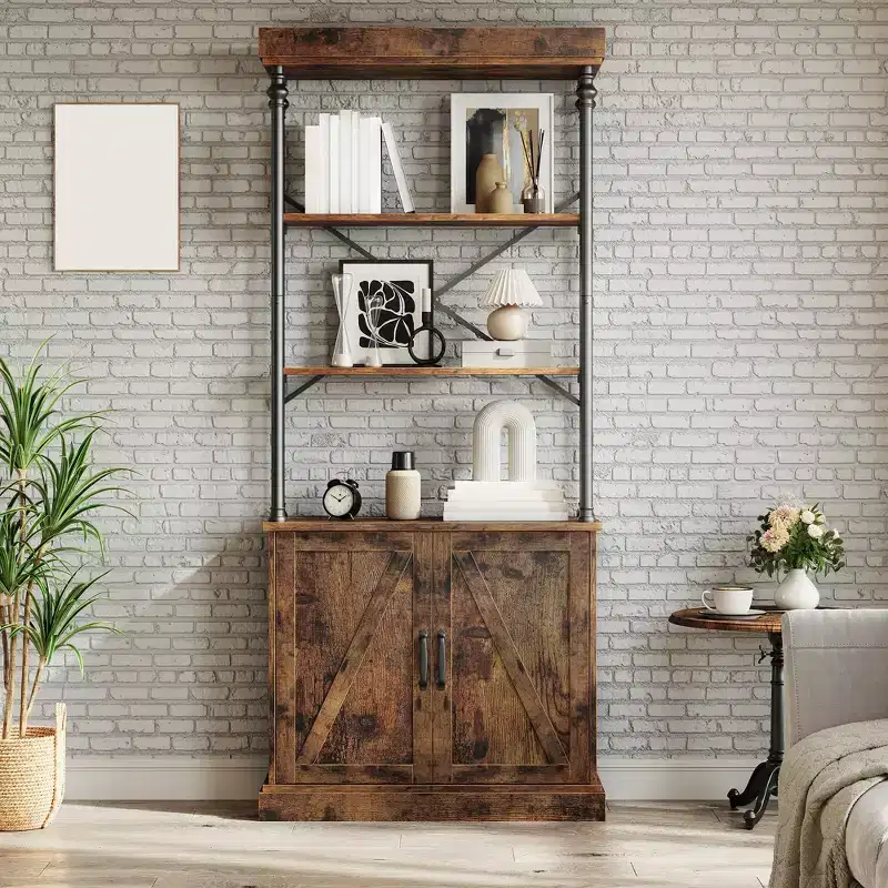Bookshelf with Doors, 73.6 Industrial Bookcase - 4-Tier Wood & Metal Storage Shelf for Living Room, Office