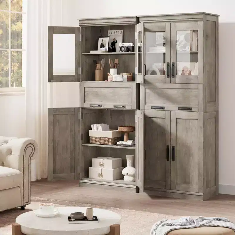 67 Inch Tall Bathroom Storage Cabinet, Freestanding Organizer with 4 Doors and Flip-Up Glass Drawer, Adjustable Shelves for Kitchen Pantry