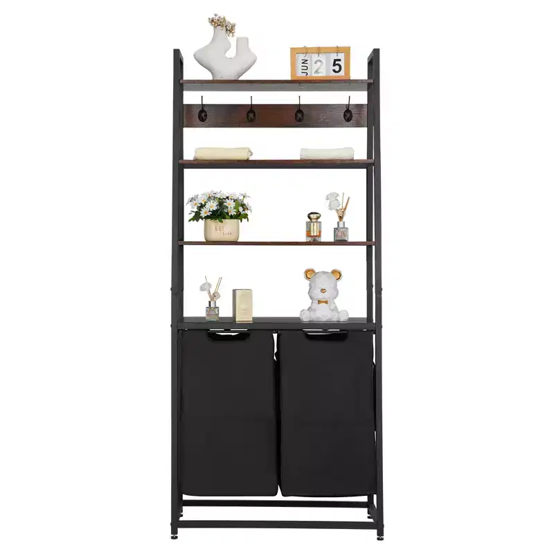 VEVOR 4 Tiers Laundry Sorter, Tall Laundry Hamper with Shelves and Hooks, 2 Section Freestanding Basket Organizer Storage, Black
