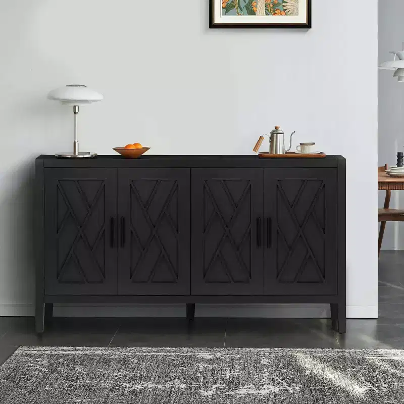 Okak 60in Vintage Accent Cabinet, Sideboard Cabinet with Four Carved Patterns Doors, Storage Cabinet for Kitchen, Dining Room, Entryway