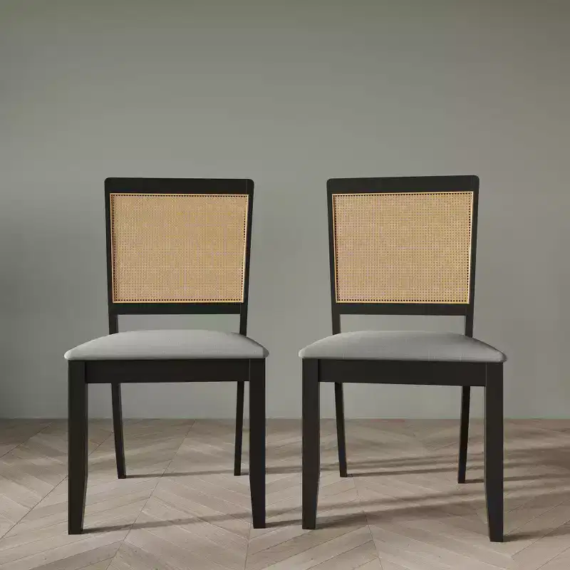 ChaletPosh Set of 2 Black Wooden Dining Chair with Cane in Light Grey Cover