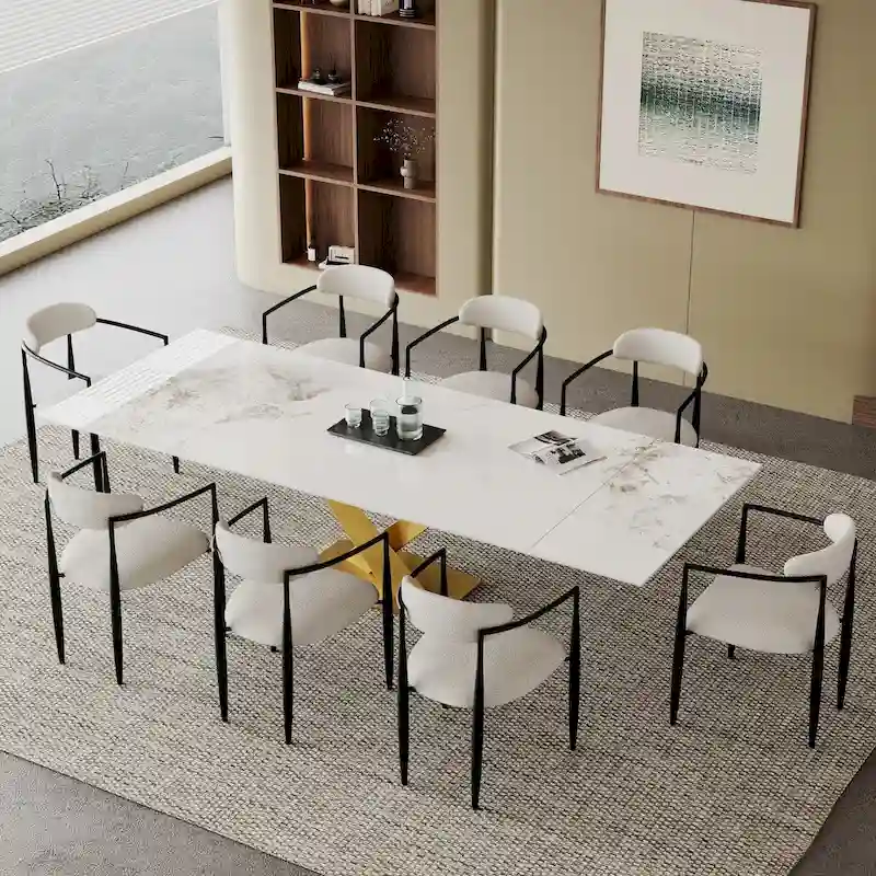 White Extendable Sintered Stone Dining Table Set for 6–8, with 8 Fabric Chairs