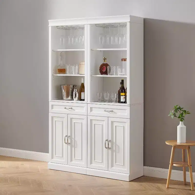 Crosley 78 Stanton 2pc Bar Cabinet Set White: Traditional Farmhouse Style with Adjustable Shelves, Stemware Racks