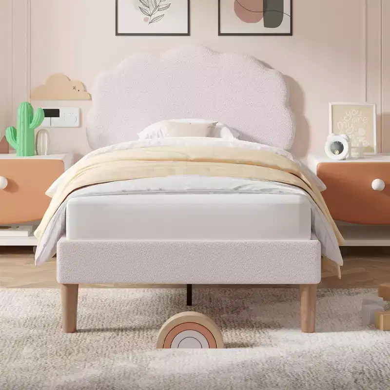 VECELO Wooden Cloud-Shaped Kids Bed Frame Upholstered Platform Bed with Adjustable Headboard, No Box Spring Needed