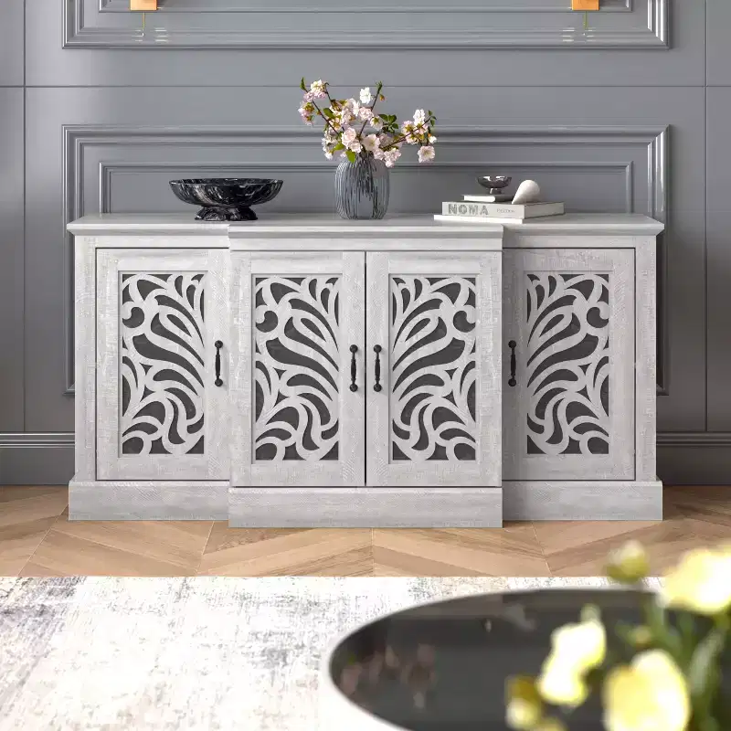 sideboard with traditional cutout doors in gray 60.4 W 18.2 D 29.3 H