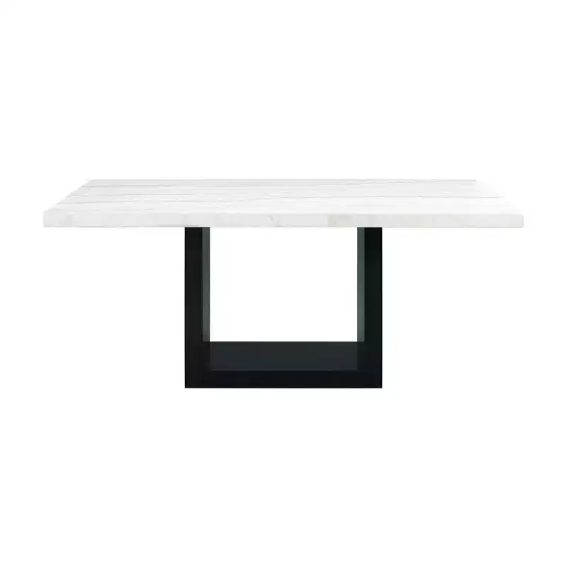 Marble Top Standard Height Dining Table White Seats 6 with Black Pedestal Base