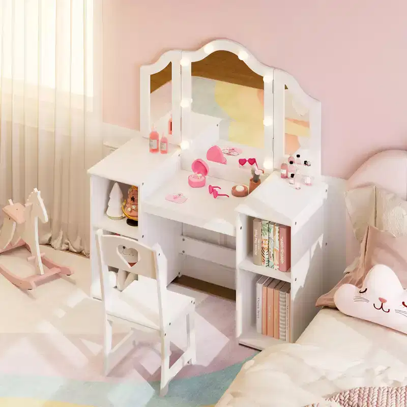 Kids Vanity Table Set, Touch Light Detachable Tri-Folding Mirror, Open Storage Shelves, Wooden Pretend Play Dressing Table for Toddlers, White