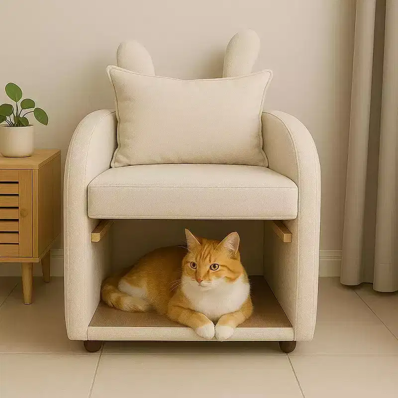 Simple Cute Bunny-Ear Armchair with Built-in Cat & Dog Hideaway, Pet-Friendly Single Sofa Chair for Bedroom, Living Room