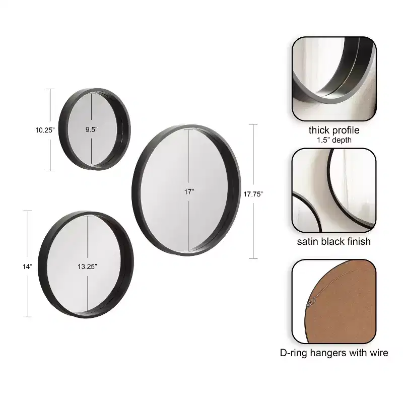 Kate & Laurel All Things Decor 3pc Travis Round Wall Mirror Set Black