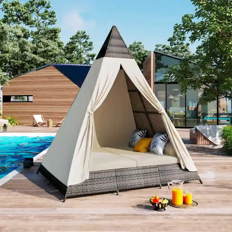 Nestfair Patio Outdoor Tent Shape Wicker Sunbed Daybed With Cushions