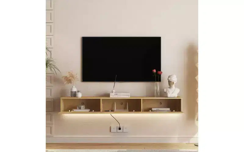 68.8 Floating TV Stand Wall Mounted with 16 Color LEDs,69 Modern TV Stand, Floating TV Cabinet Entertainment Center for 55 60 65 Inch TV, Wood