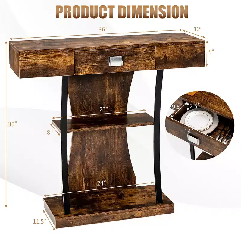 Costway Console Sofa Table w/ Drawer and 2-Tier Shelves for Entryway Living Room