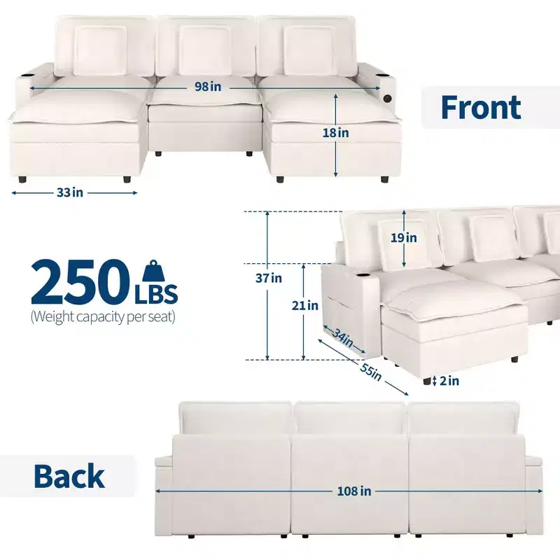 108'' Modular Sectional Sofa, Oversized U Shaped Couch, Extra Deep Seat Modern Chenille Sofa, 6 Seat Convertible Couches, Beige