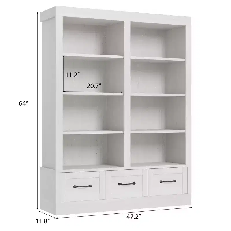 64 H Tall Bookcshelf with 4 Tier Double Wide Open Shelf, 3 Storage Drawers, 4 Tier Double Wide Open Shelf,Wooden Deep Bookshelves