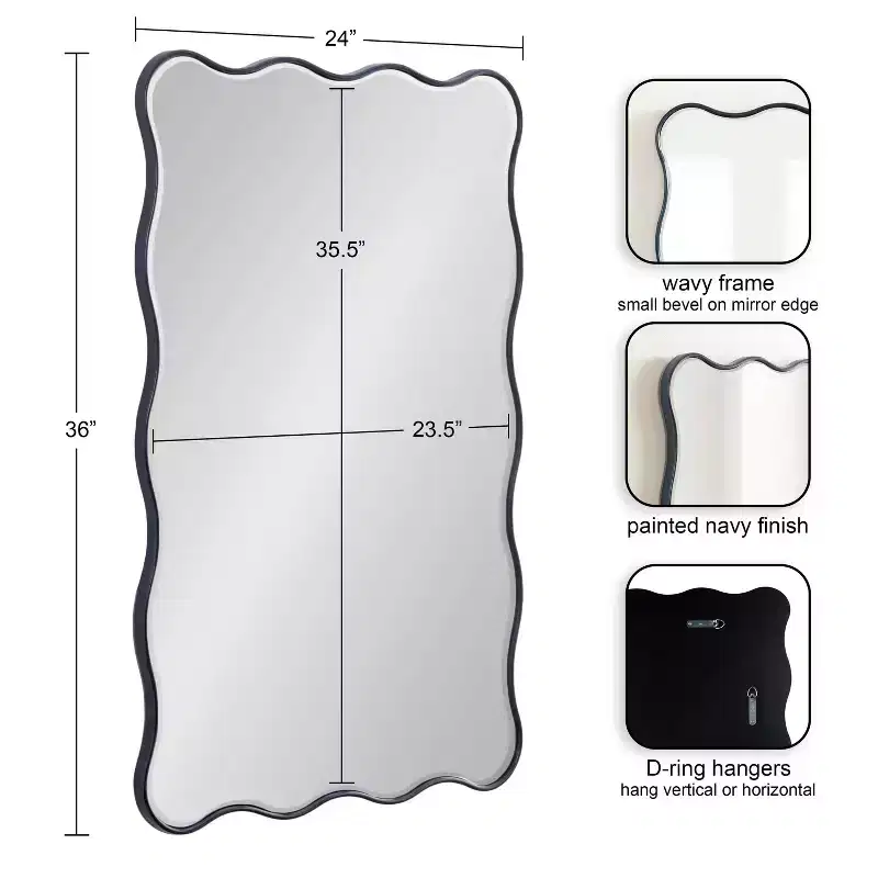 Kate & Laurel All Things Decor 24"X36" Viona Rectangle Scalloped Mirror Navy Blue