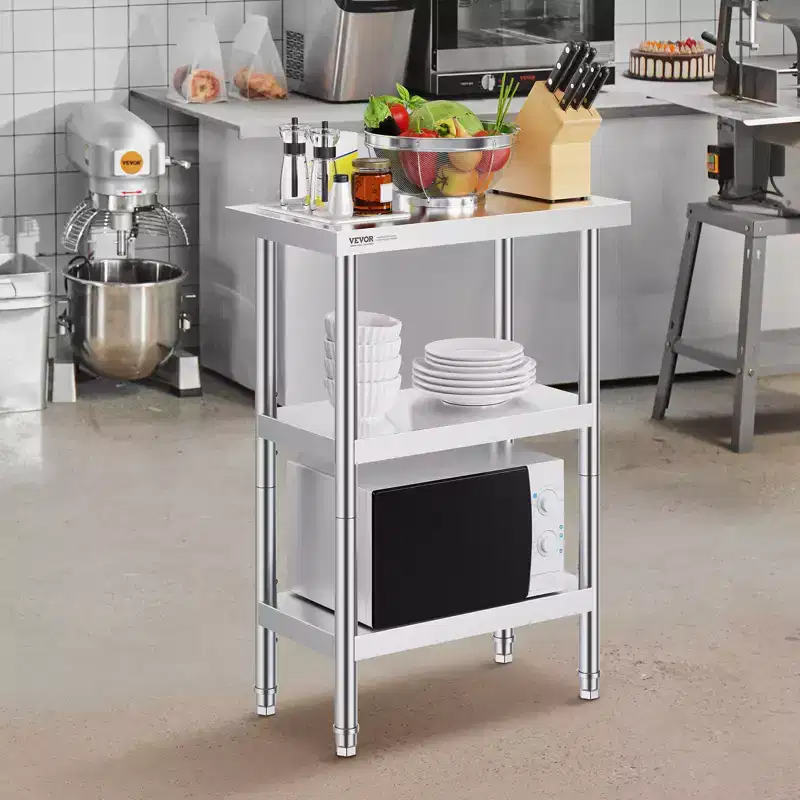 VEVOR Stainless Steel Food Prep Table, 14 x 24 x 34 Inch Commercial Kitchen Worktable, with 2 Adjustable Undershelf, Heavy Duty Prep Table