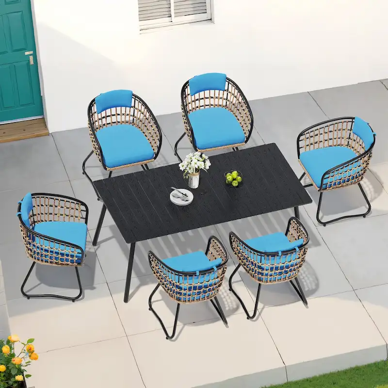 7-Piece Set Outdoor Patio Aluminum Dining Table and PE Rattan Wicker Dining Chairs