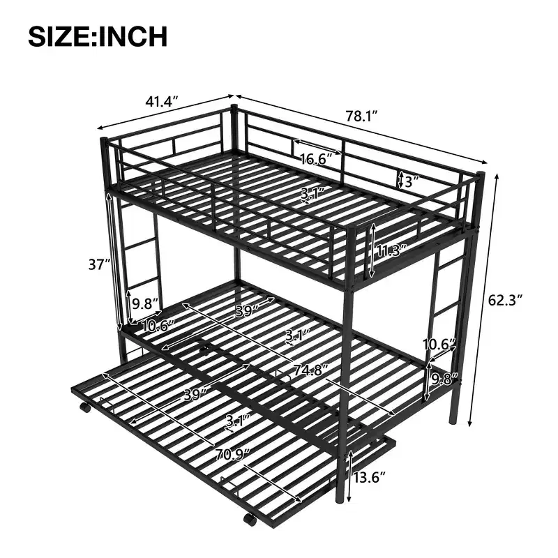 Whisen Metal Twin over Twin Bunk Bed with Trundle and 2 ladders