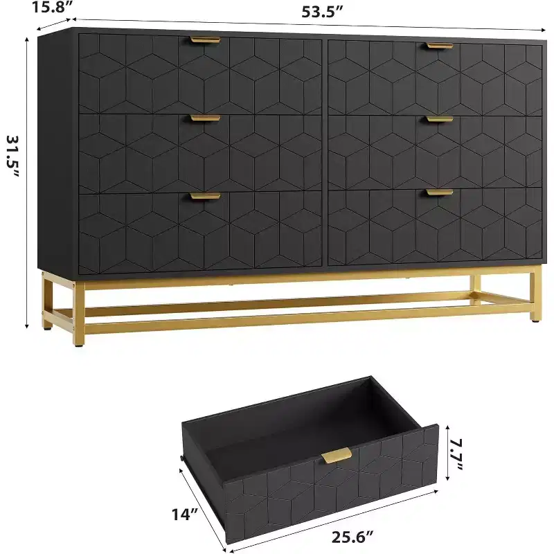 Dresser for Bedroom, 53.5 Large Dresser Organizer, 6 Drawer with Golden Metal Handle and Legs, Modern Chest of Drawers, Grey Dressers with Drawers