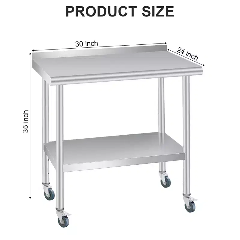 Stainless Steel Table, Heavy Duty Metal Commercial Prep Table With Open Storage Racks, Back Panel And Casters, Suitable For Kitchens, Home Hotels