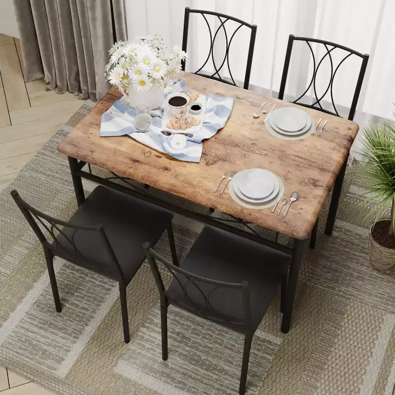 Dining Table Set for 4, Kitchen Table and Upholstered Chairs, Compact Dining Room Set for Apartment & Small Space, Easy Assembly, Rustic Brown