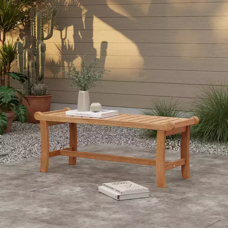 LuxenHome Natural Solid Wood 47.2-Inch Long Rectangle Outdoor Bench