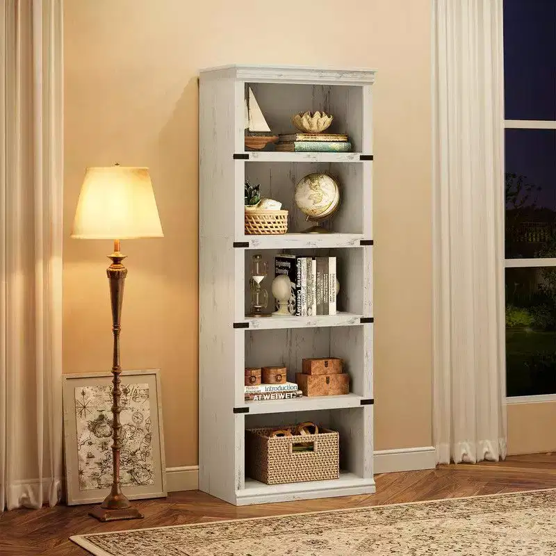 5 Tier Book Shelf, Farmhouse Book Case,Tall Shelf with Storage, Wooden Bookshelves for Living Room