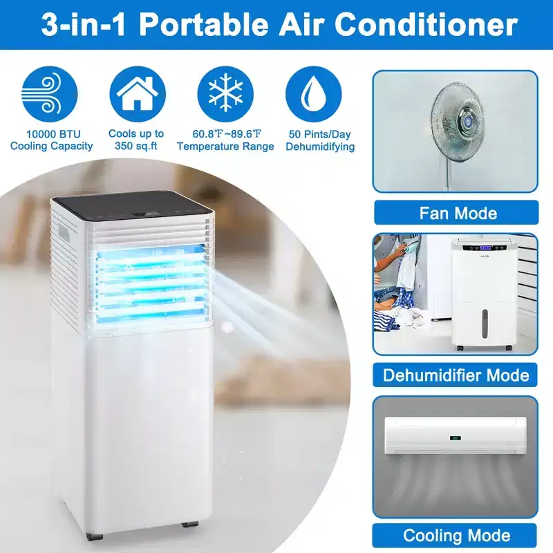 Costway 10000 BTU ASHRAE Portable Air Conditioner 3-in-1 Air Cooler w/Dehumidifier & Fan Mode