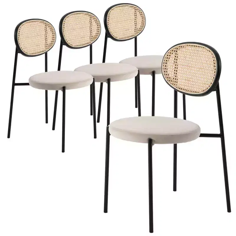 LeisureMod Euston Set of 4 Modern Dining Chairs with Wicker Back and Velvet Seat, Indoor Kitchen, Dining Room, Home, Contemporary Side Chair Seating