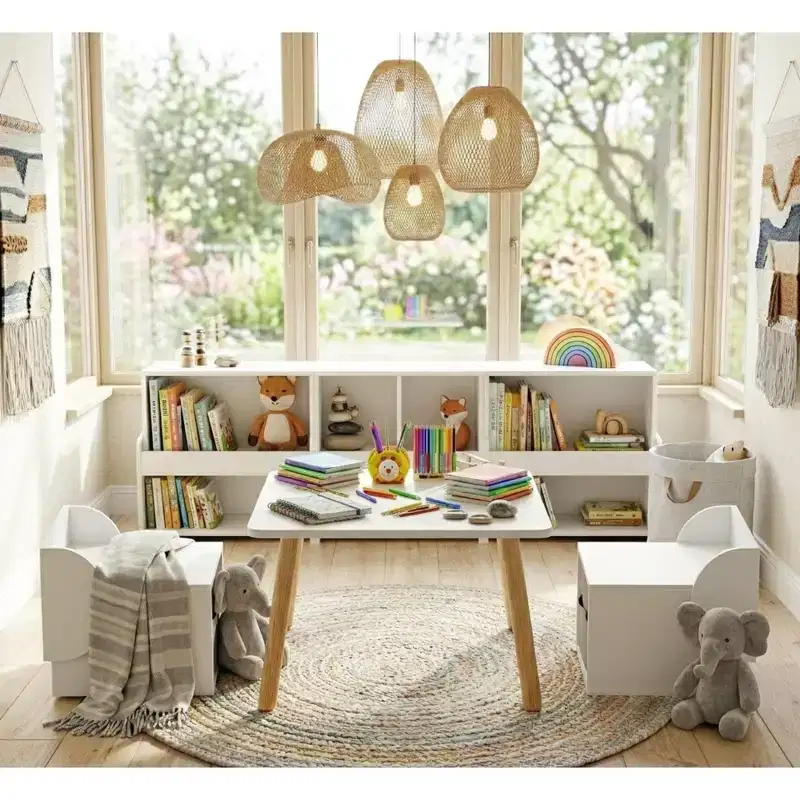 Kids Table and 2 Chair Set with Storage Bins, 3-Piece Toddler Activity Table for Crafts, Reading and Play, White & Natural