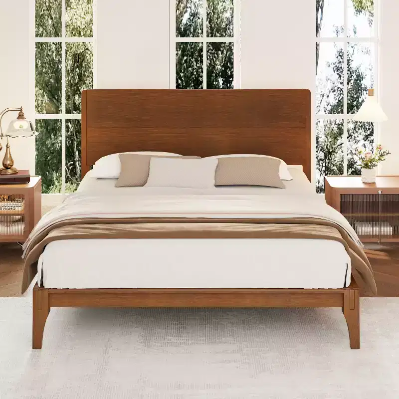 Full/Queen/King Size Bamboo Platform Bed Frame with Wood Support Slat, Mid-Century Modern Style