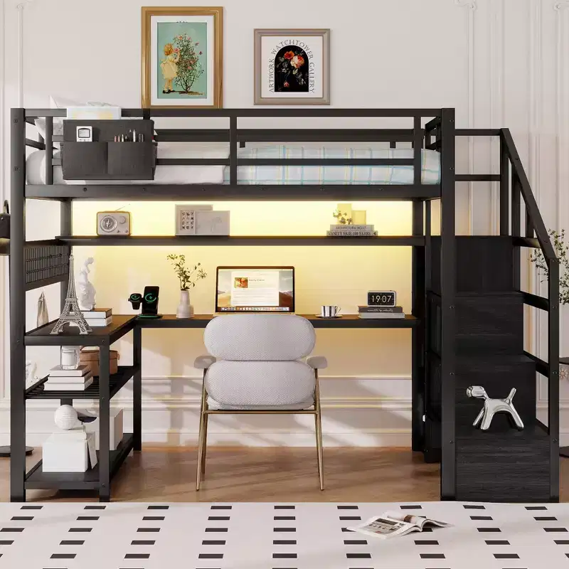 Full Size Loft Bed with Storage Staircase & Wardrobe,Metal Loft Bed with Desk,Storage Shelves,Charge Station,LED Lights for Teens & Adults